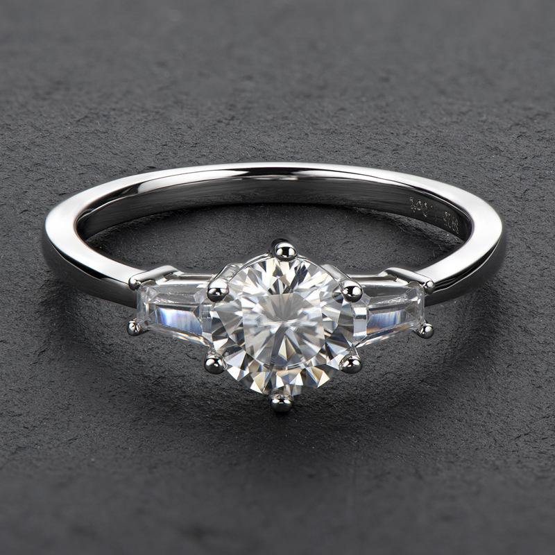 Round Moissanite three stone six prong sterling silver wedding ring - ReadYourHeart,RRW-M34A