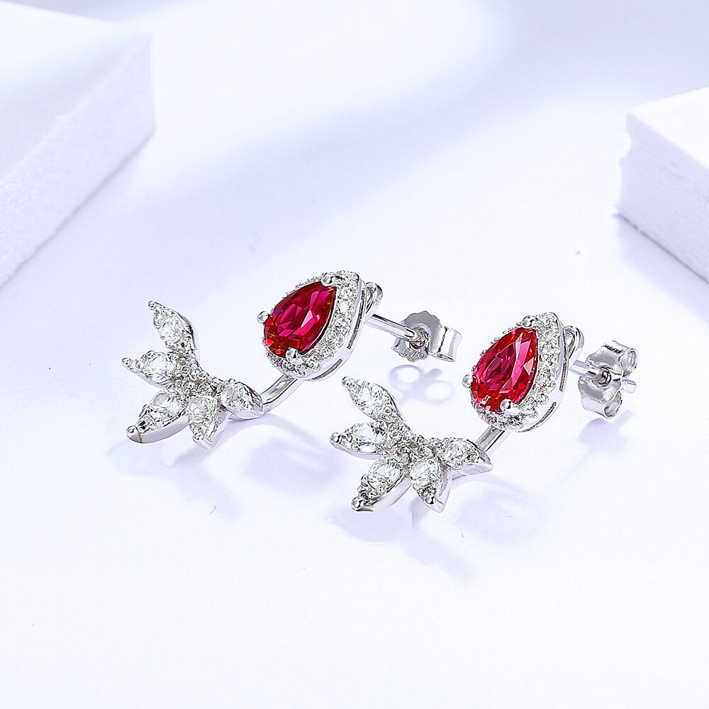 Pear Ruby Flower Sterling Silver Drop Earrings - ReadYourHeart