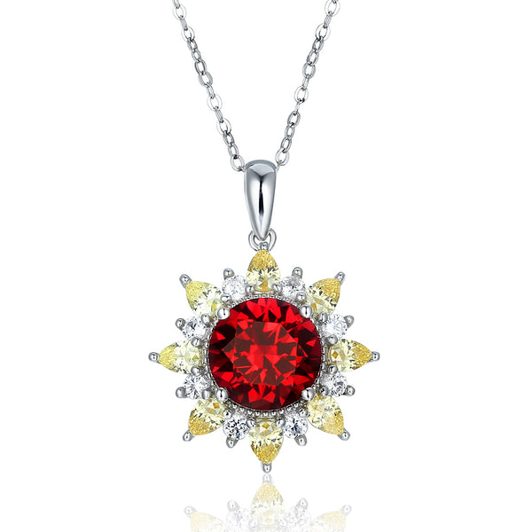 Round Ruby Two Tone SunFlower Sterling Silver Halo Necklace Pendant