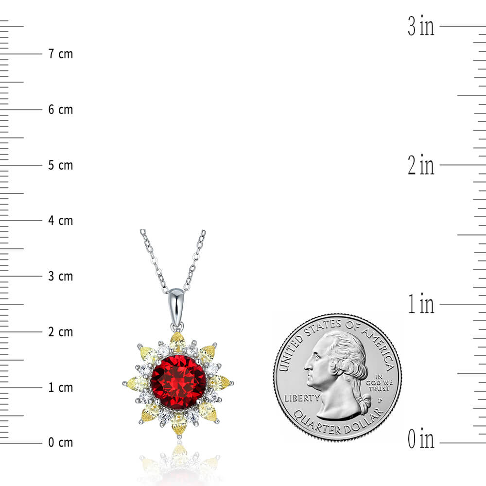 Round Ruby Two Tone SunFlower Sterling Silver Halo Necklace Pendant - ReadYourHeart