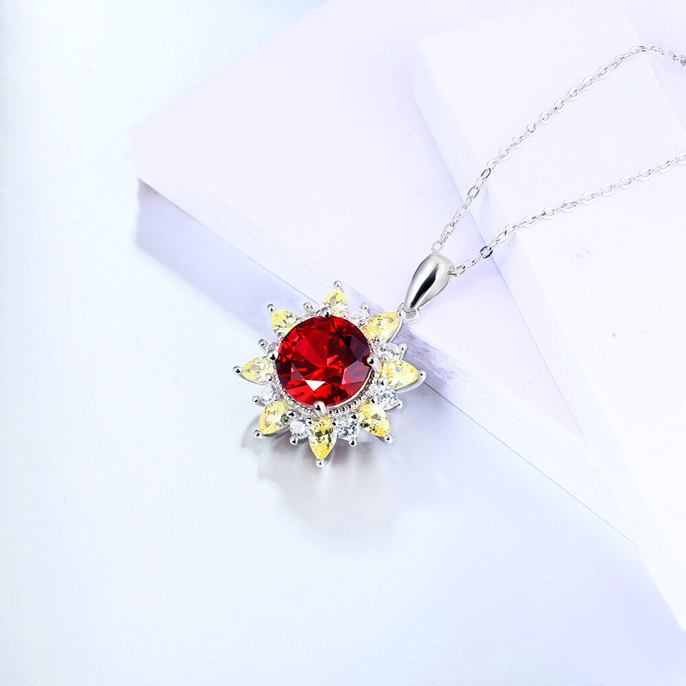 Round Ruby Two Tone SunFlower Sterling Silver Halo Necklace Pendant - ReadYourHeart