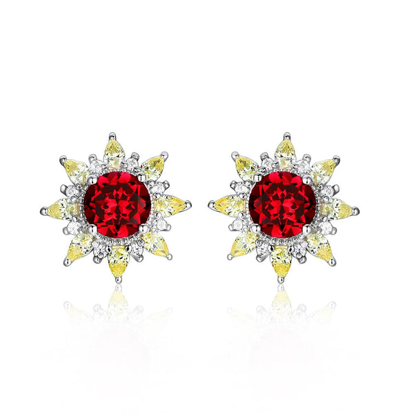 Round Ruby Two Tone SunFlower Sterling Silver Halo Stud Earrings