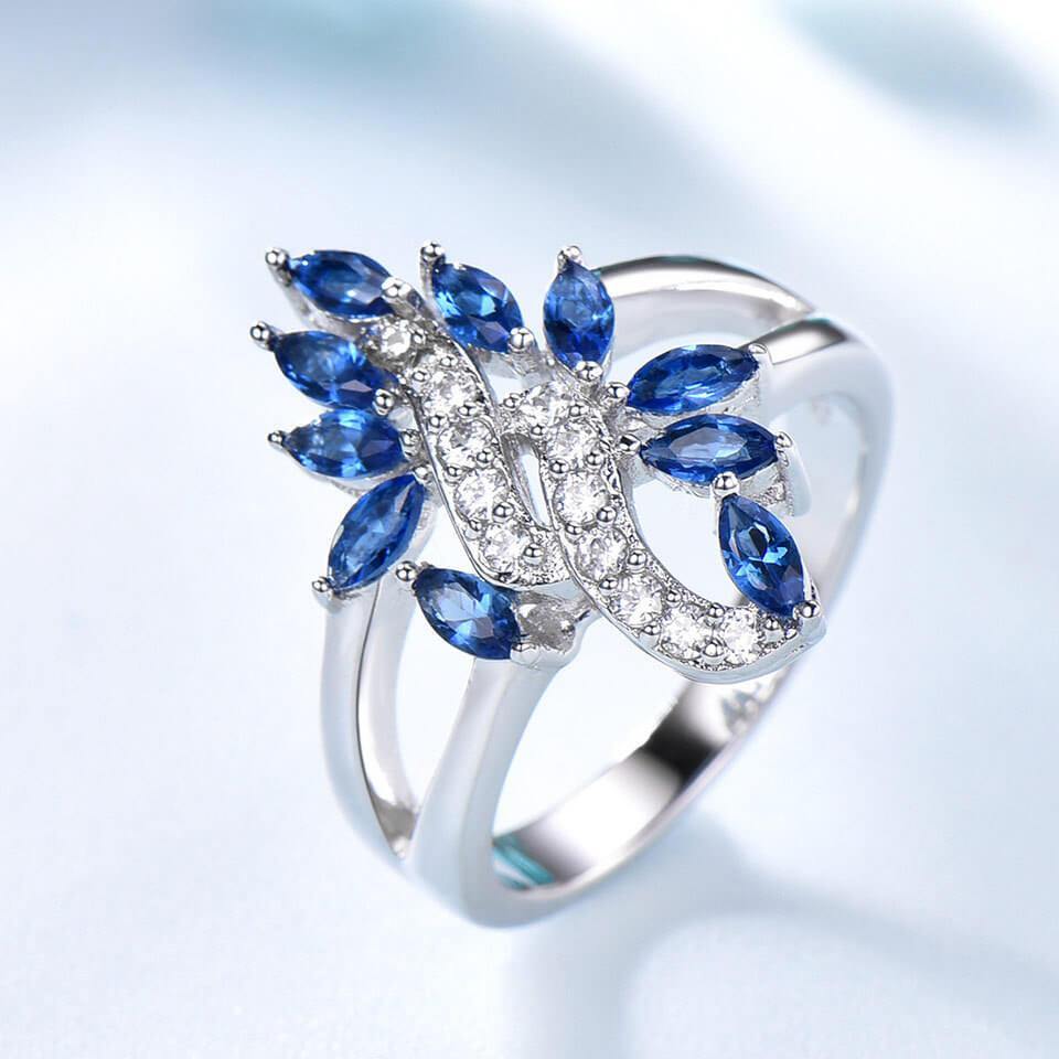 Sapphire Cocktail Flower Sterling Silver Ring - ReadYourHeart,RRX-10052