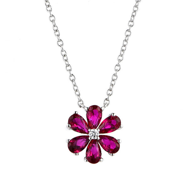 Six Leaf Clover Red Corundum Sterling Silver Necklace