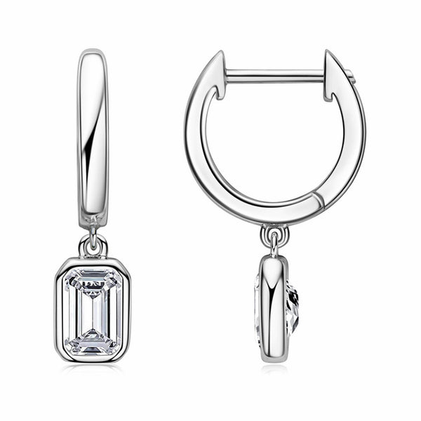 Solitaire Bezel Emerald-Cut Moissanite Drop Earrings In Sterling Silver