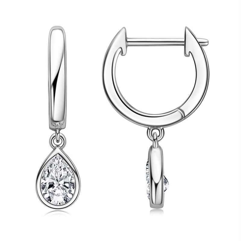 Solitaire Bezel Pear Moissanite Drop Earrings In Sterling Silver - ReadYourHeart