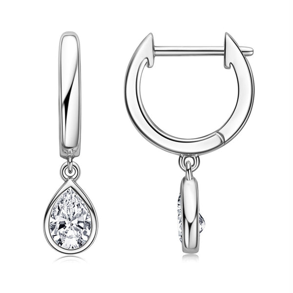 Solitaire Bezel Pear Moissanite Drop Earrings In Sterling Silver
