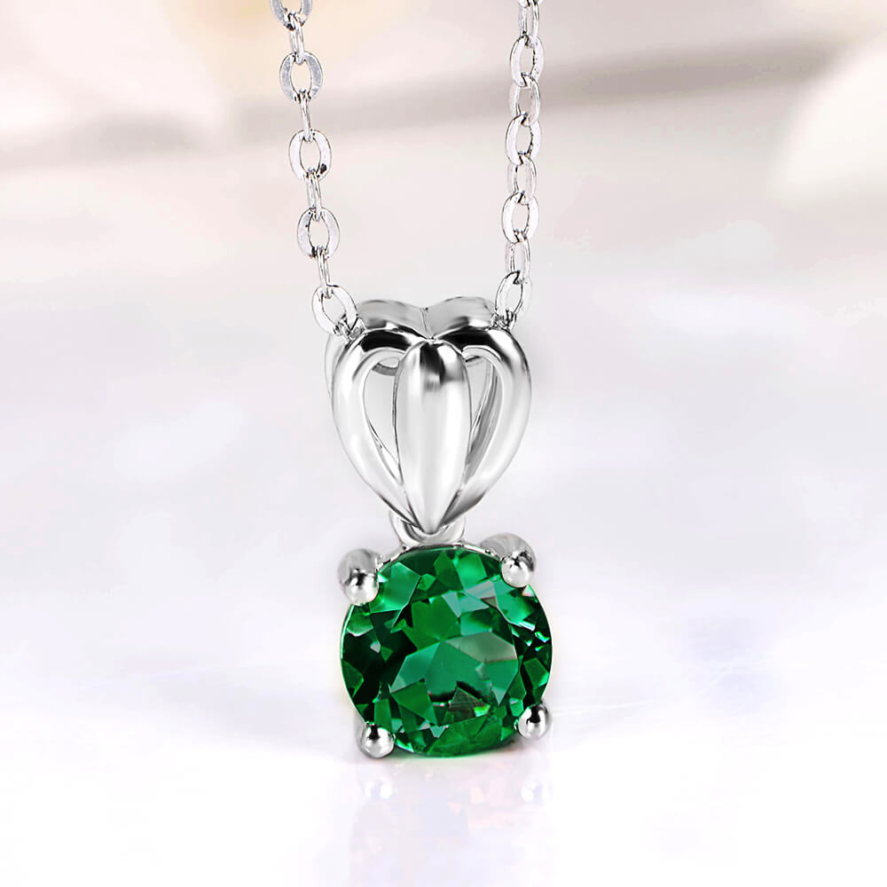 Solitaire Lab-Created Emerald Sterling Silver Necklace Pendant - ReadYourHeart
