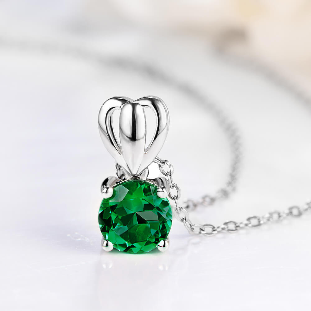 Solitaire Lab-Created Emerald Sterling Silver Necklace Pendant - ReadYourHeart
