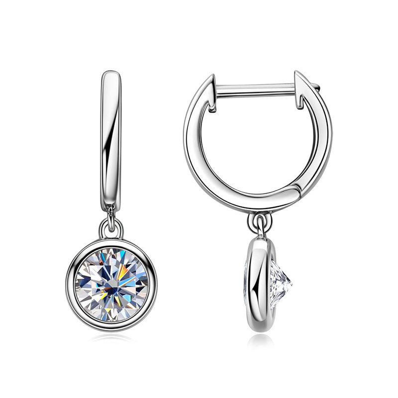 Solitaire Moissanite Bezel Drop Huggie Hoop Earrings In Sterling Silver - ReadYourHeart