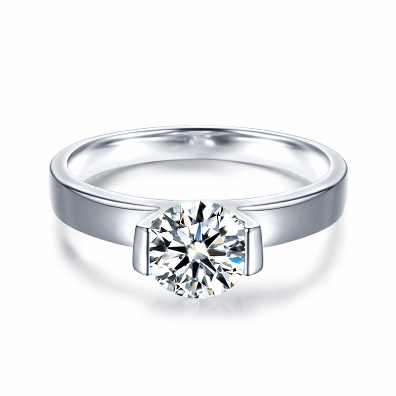 Solitaire Moissanite Half Bezel Set Engagement Ring In Sterling Silver - ReadYourHeart