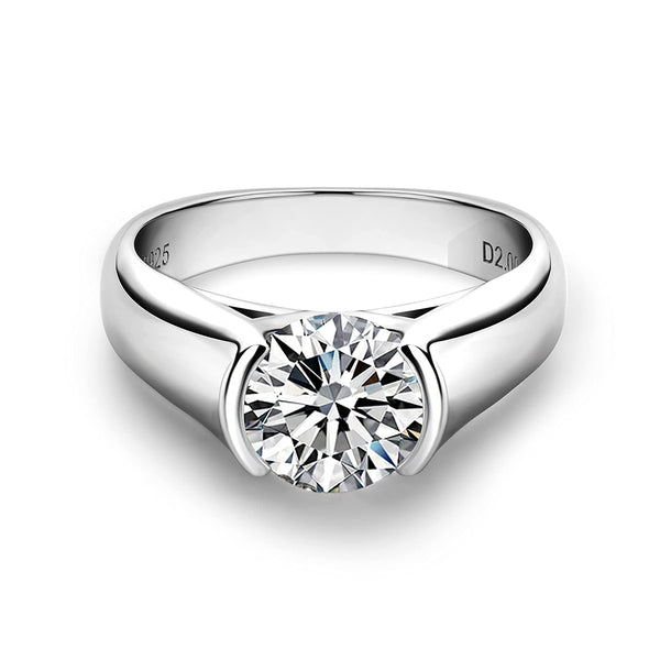 Solitaire Moissanite Half Bezel Set Sterling Silver Engagement Ring