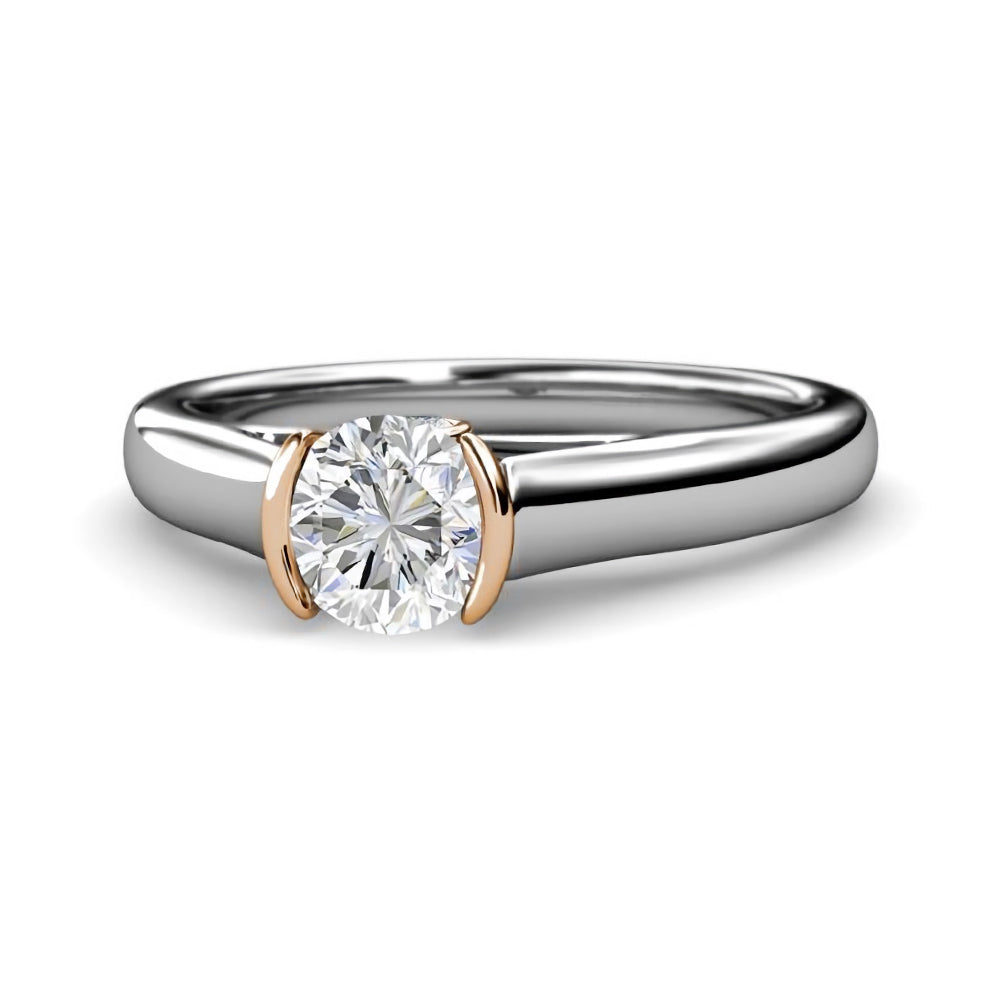 Solitaire Moissanite Half Bezel Two Tone Engagement Ring in 18K White Gold - ReadYourHeart