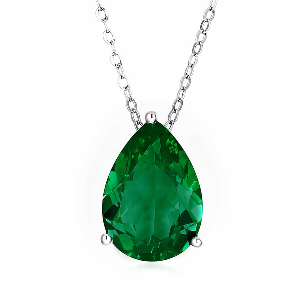 Solitaire Pear Lab-Created Emerald Sterling Silver Necklace - ReadYourHeart