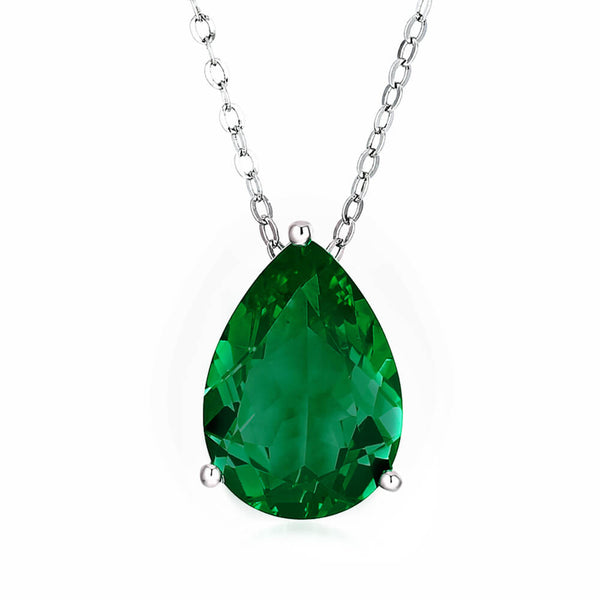 Solitaire Pear Lab-Created Emerald Sterling Silver Necklace
