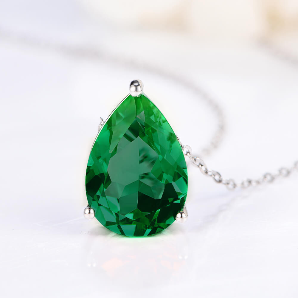 Solitaire Pear Lab-Created Emerald Sterling Silver Necklace - ReadYourHeart