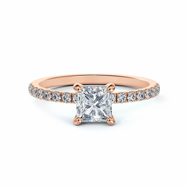 Solitaire Princess Cut Moissanite Pave Engagement Ring in 18K Gold
