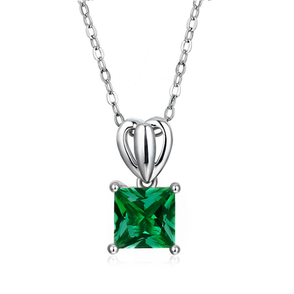 Solitaire Princess Lab-Created Emerald Sterling Silver Necklace