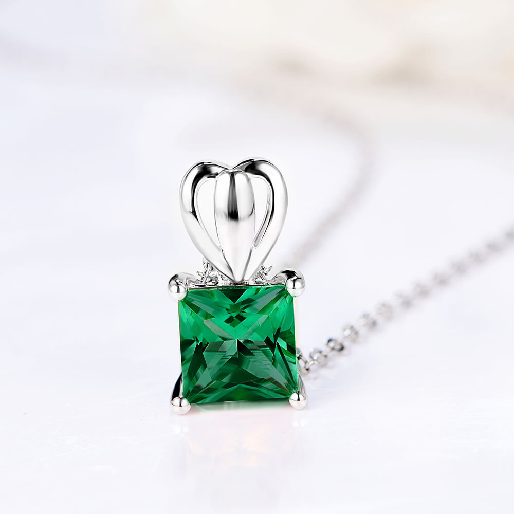 Solitaire Princess Lab-Created Emerald Sterling Silver Necklace - ReadYourHeart