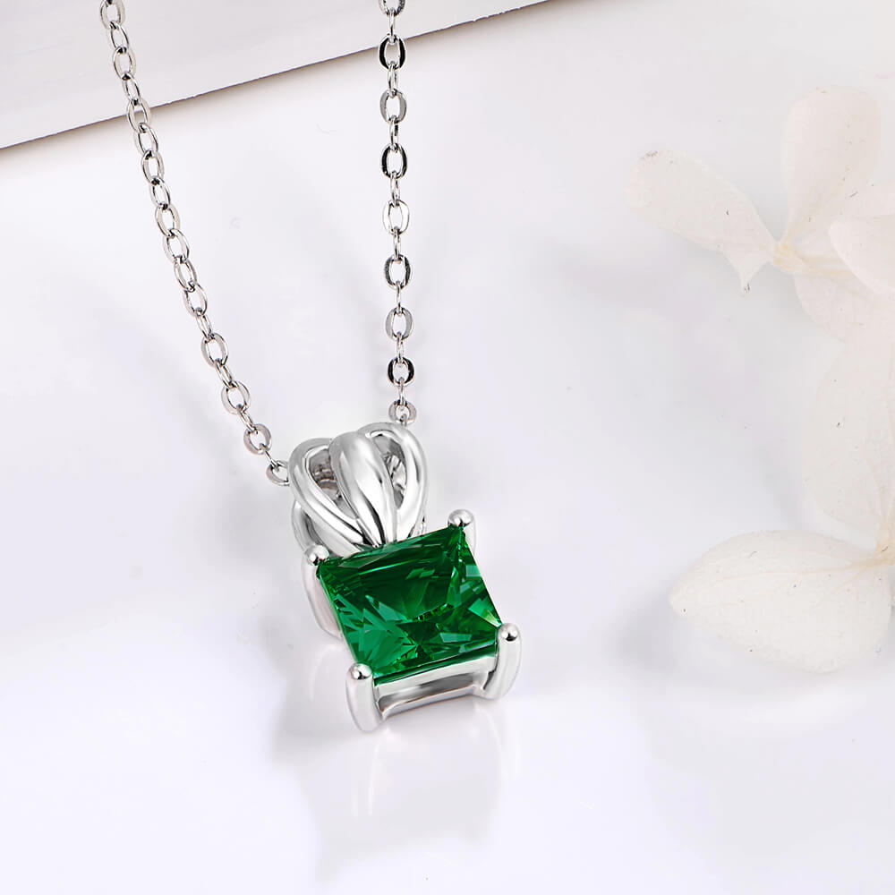Solitaire Princess Lab-Created Emerald Sterling Silver Necklace - ReadYourHeart