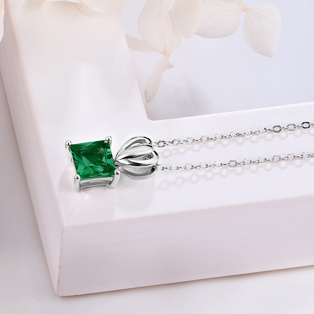 Solitaire Princess Lab-Created Emerald Sterling Silver Necklace - ReadYourHeart