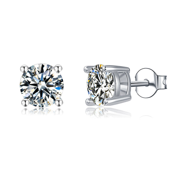 Solitaire Round Moissanite Four Prong Sterling Silver Stud Earrings