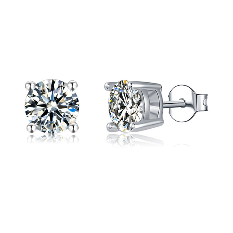 Solitaire Round Moissanite Four Prong Sterling Silver Stud Earrings - ReadYourHeart