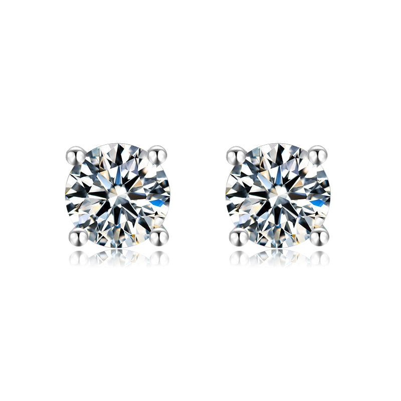 Solitaire Round Moissanite Four Prong Sterling Silver Stud Earrings - ReadYourHeart