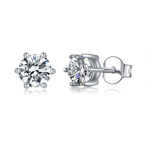 Solitaire Round Moissanite Six Prong Sterling Silver Stud Earrings