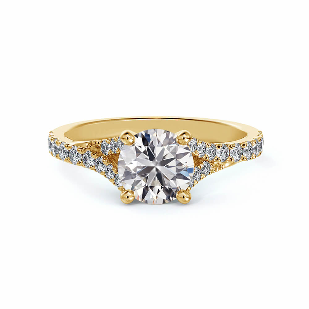 Solitaire Round Moissanite Split Shank Pave Engagement Ring in 18K Gold - ReadYourHeart