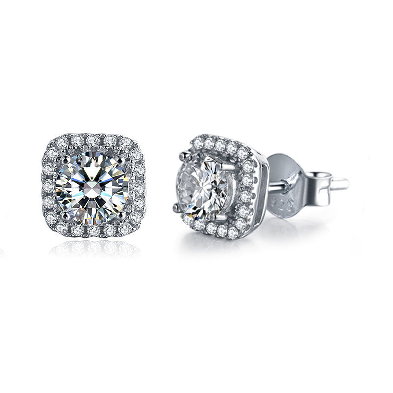 Square Halo Round-Cut Moissanite Sterling Silver Stud Earrings - ReadYourHeart