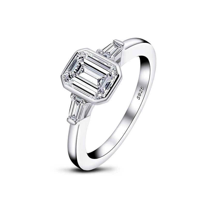 Square emerald cut Moissanite three stone sterling silver wedding ring - ReadYourHeart,RRL-FA1C007-2