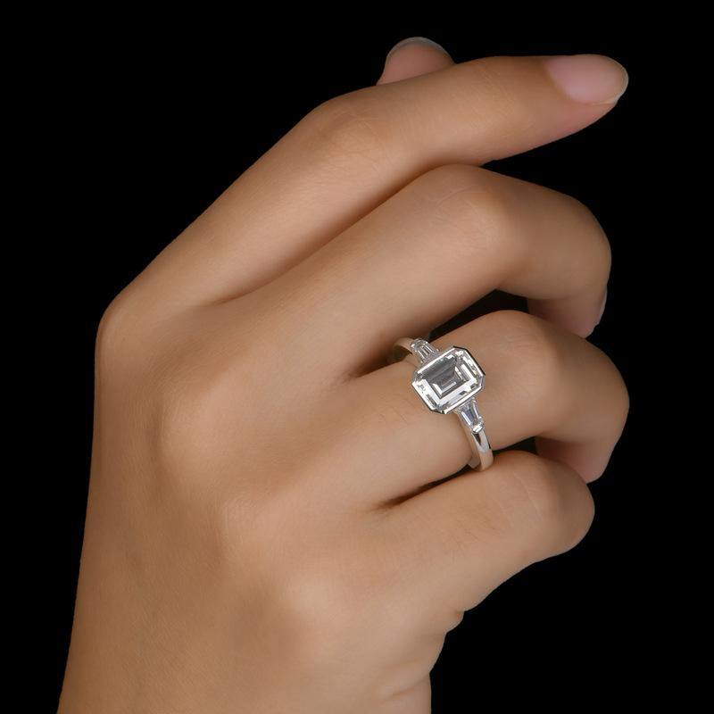 Square emerald cut Moissanite three stone sterling silver wedding ring - ReadYourHeart,RRL-FA1C007-2
