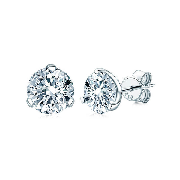 Three-Prong Round Moissanite Stud Earrings In Sterling Silver