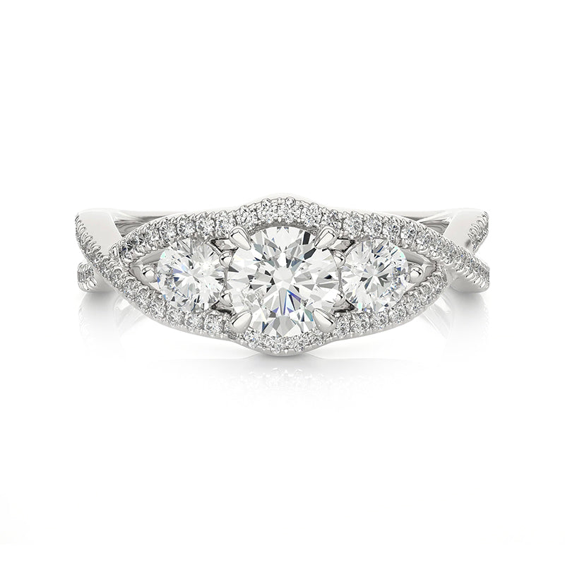 Three Stone Moissanite Split Shank Twisted Pave Engagement Ring - ReadYourHeart