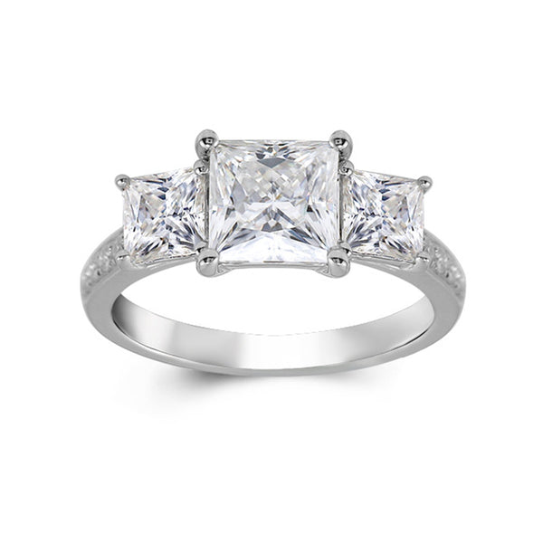 Three Stone Princess Cut Moissanite Pavé Set Engagement Ring