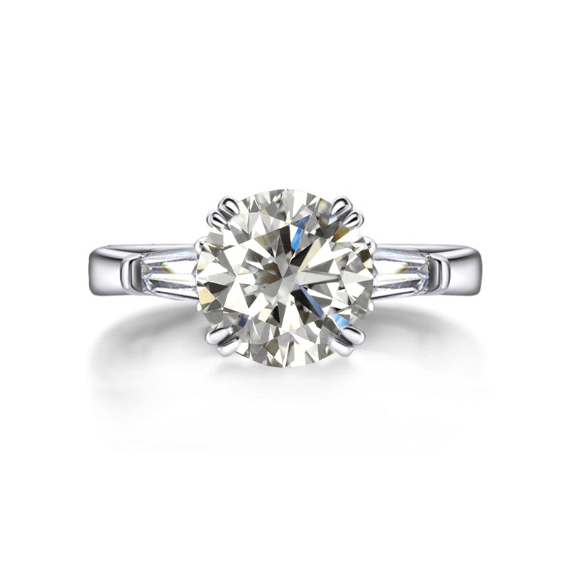 Three Stone Round Moissanite Tapered Baguette Engagement Ring ...