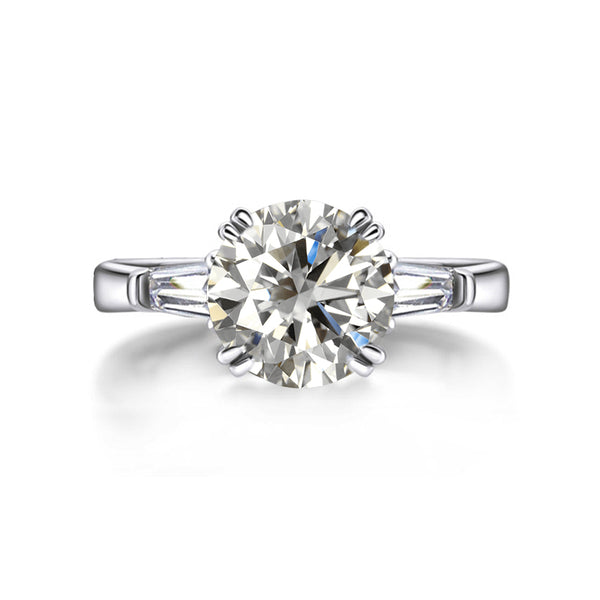 Three Stone Round Moissanite Tapered Baguette Engagement Ring - ReadYourHeart