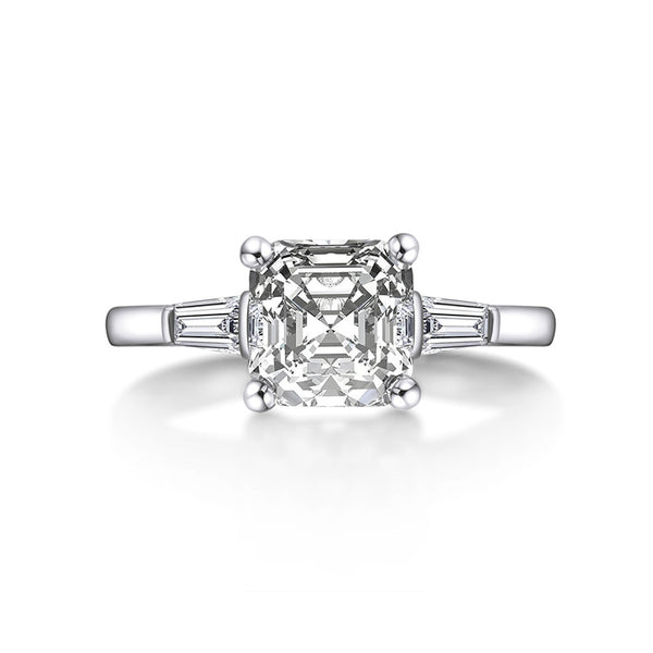 Three Stone Asscher Moissanite Tapered Baguette Engagement Ring