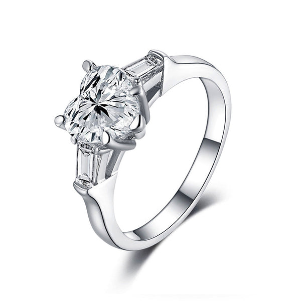 Three Stone Heart Moissanite Tapered Baguette Engagement Ring