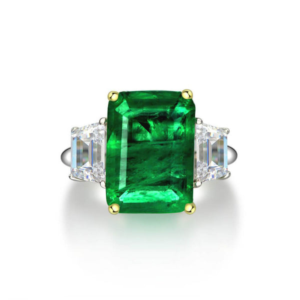 Three Stone Lab Emerald Two Tone Sterling Silver Ring