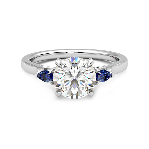Three Stone Moissanite And Blue Sapphire Engagement Ring