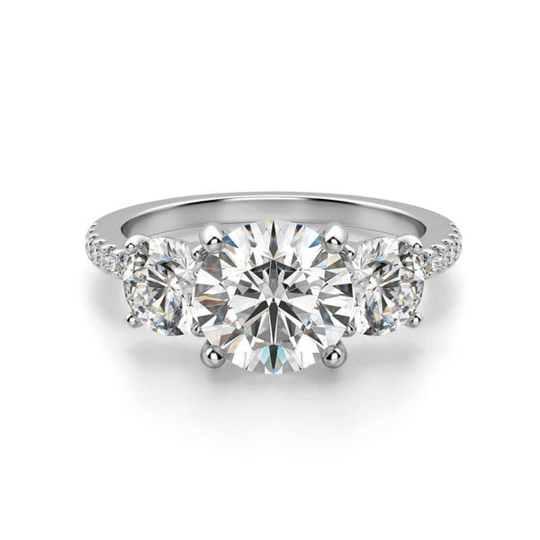 Three Stone Moissanite Pave Engagement Ring in 18K White Gold - ReadYourHeart