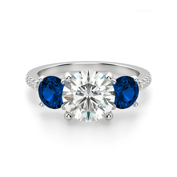 Three Stone Moissanite and Blue Sapphire Pave Engagement Ring - ReadYourHeart