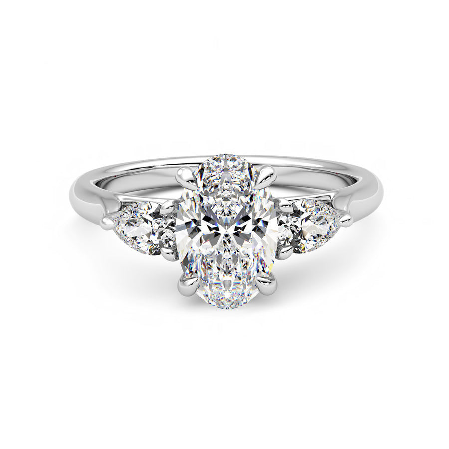 Three Stone Oval Cut Moissanite Pear Cut Side Stone Engagement Ring - ReadYourHeart