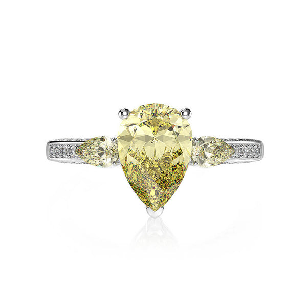 Three Stone Pear Created Yellow Sapphire Pave Sterling Silver Ring - ReadYourHeart