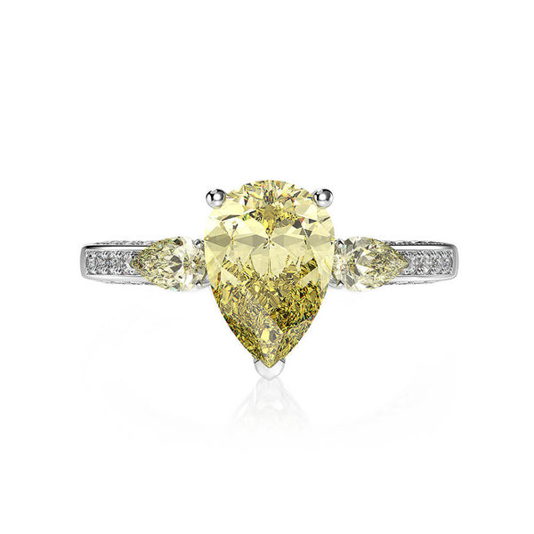 Three Stone Pear Created Yellow Sapphire Pave Sterling Silver Ring