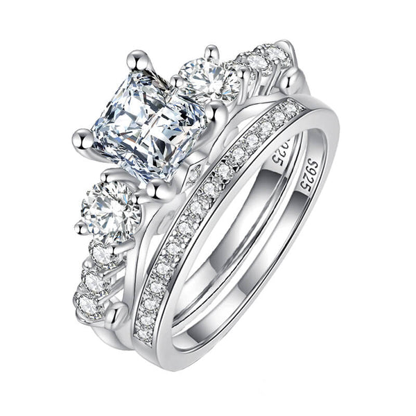 Three Stone Princess Moissanite Accents Bridal Engagement Ring Set