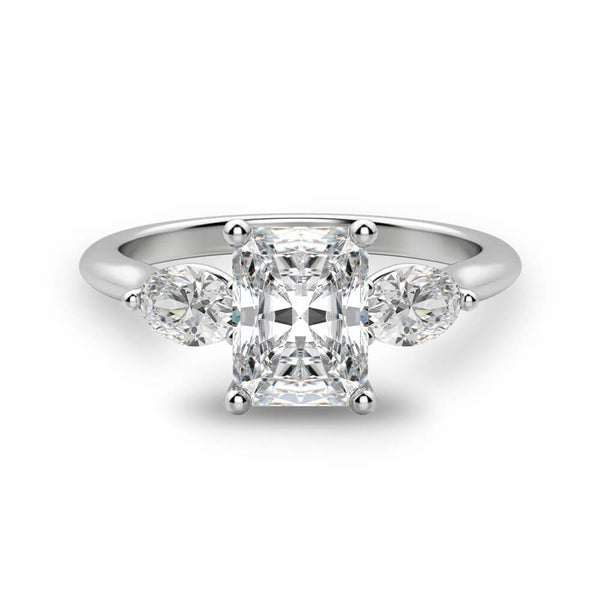 Three Stone Radiant-Cut Moissanite Oval Side Stone Engagement Ring