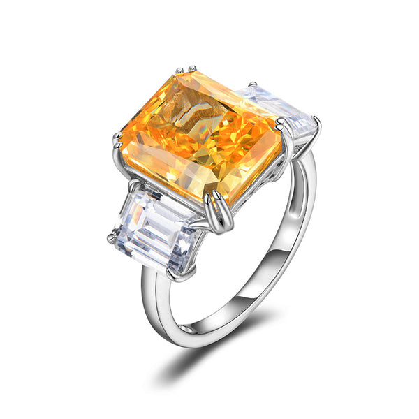 Three Stone Radiant Cut Yellow Sapphire Sterling Silver Ring